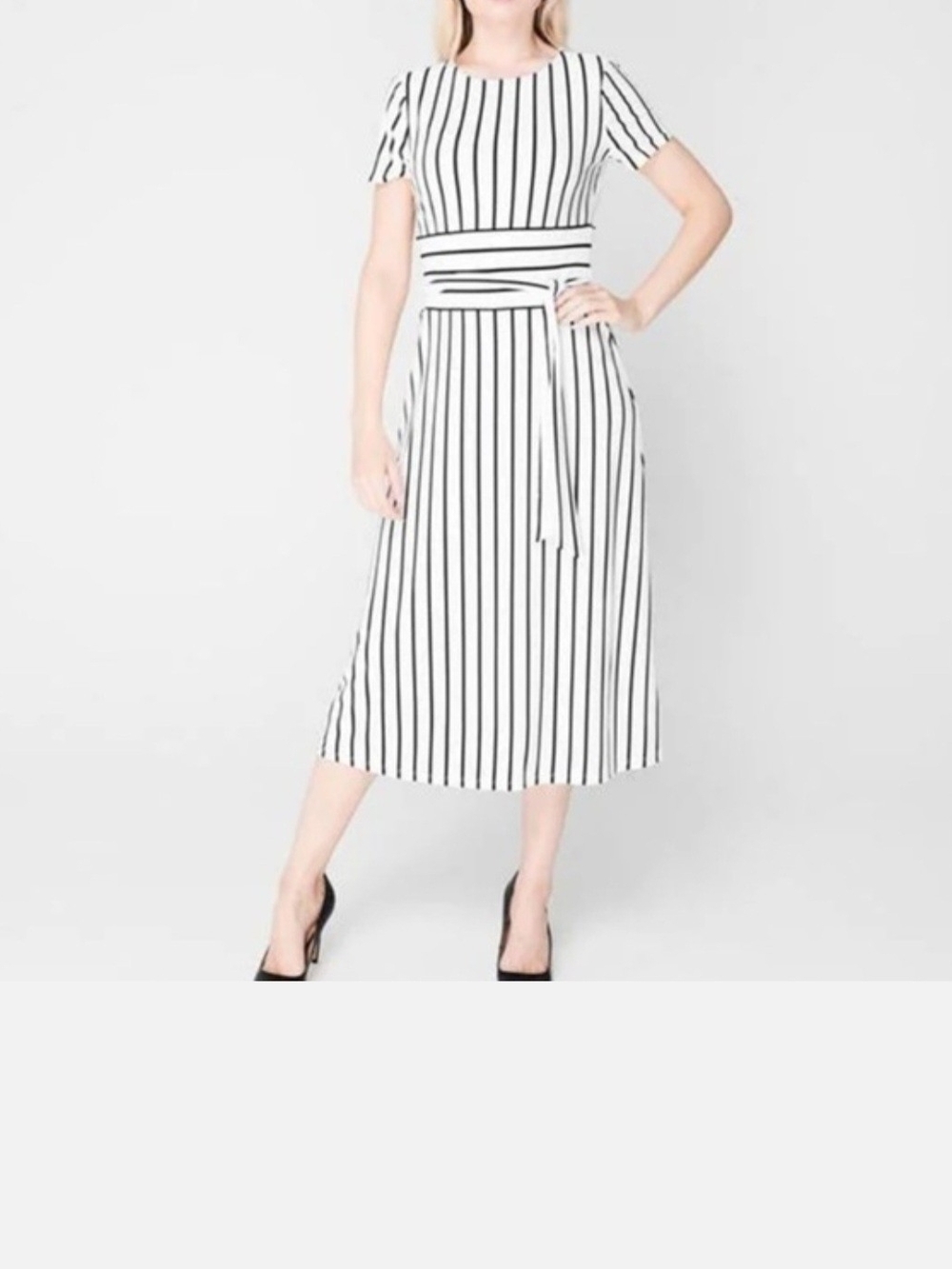 Lauren Ralph Lauren Black and White Vertical-Striped Midi Dress-Skirt NWT